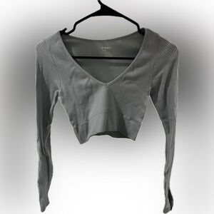 Garage Women's Ribbed V-Neck Top - Grayish Light Blue Crop Top Size XS